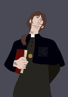Another dnd character that I've drawn; image shows a character wearing a priests uniform looking up to the sky while holding a book