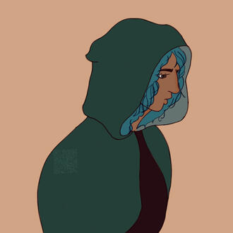 Art I did of my oc; Image shows a blue haired character looking to the side